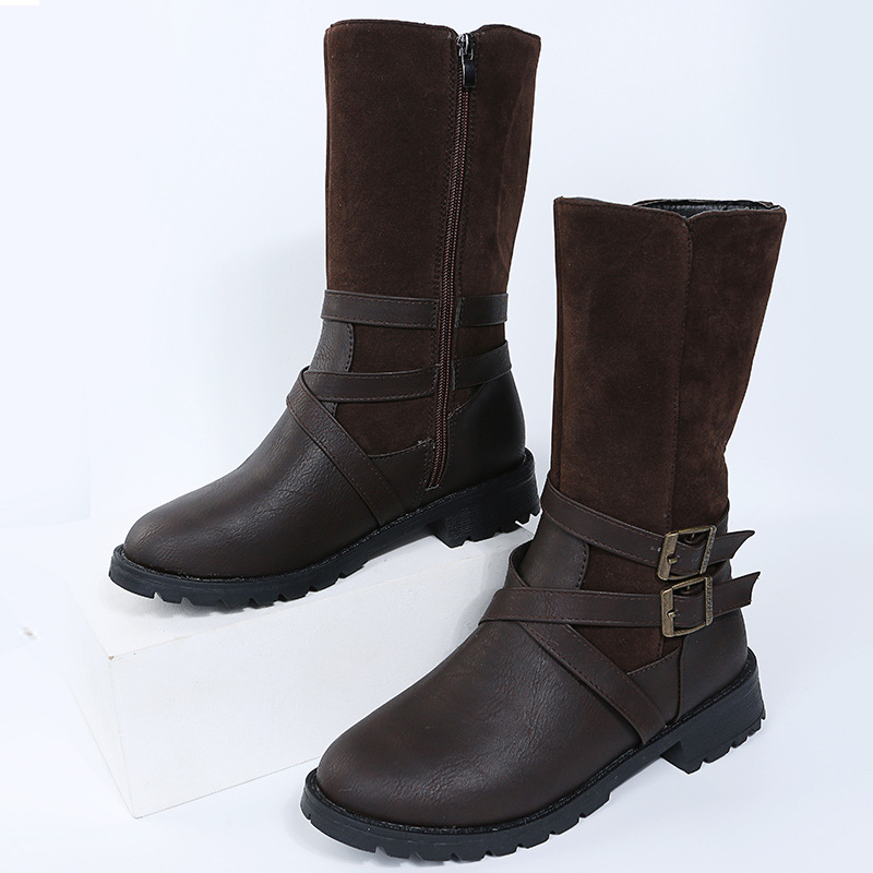 Damenschuhe, Martin-Stiefel mit mittlerer Röhre, Gürtelschnalle, runder Kopf, niedriger Absatz, Ritterstiefel mit seitlichem Reißverschluss, Lederstiefel_voghion.com