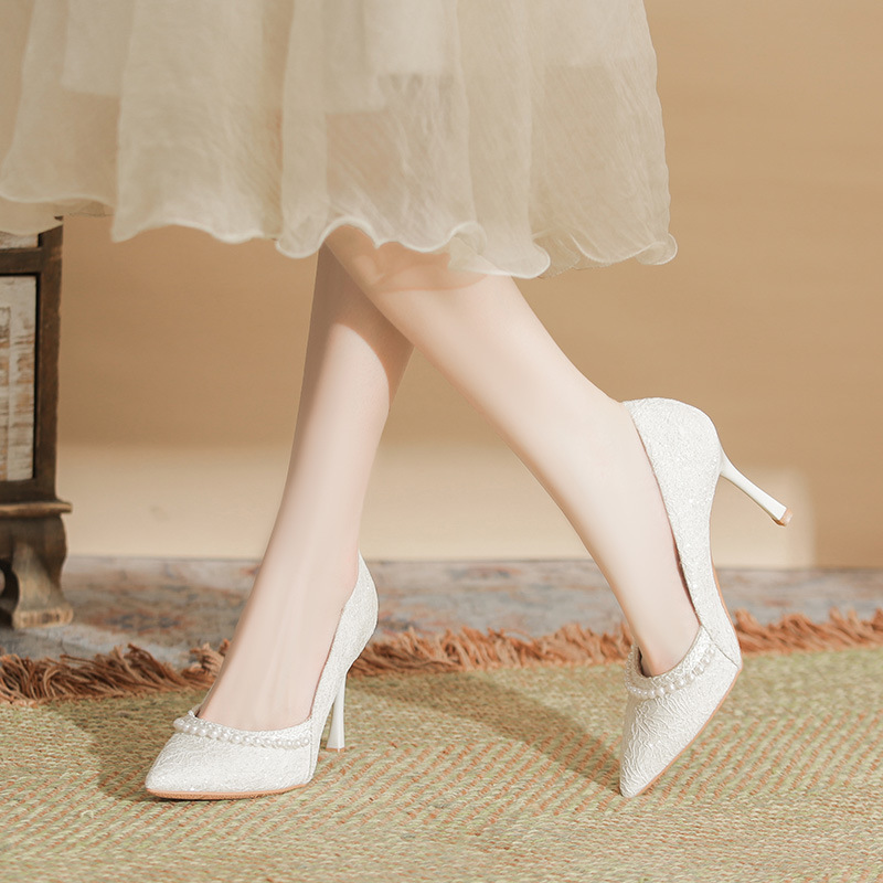 New Style Pearl Embellished Lace High Heels for Women, Thin Heel, Pointed Toe, Bride and Bridesmaid Solid Color Large Size Wedding Shoes
