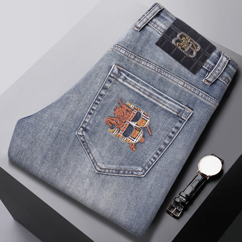 Brand New Trendy Embroidered Jeans for Men, Spring/Summer Style, Light Silver, Slim Fit, Straight Leg, Stretchy Men's Trousers