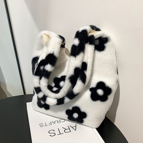 Bags  autumn and winter new Japanese style cute black and white flower plush women's bag furry single shoulder crossbody bag armpit bag