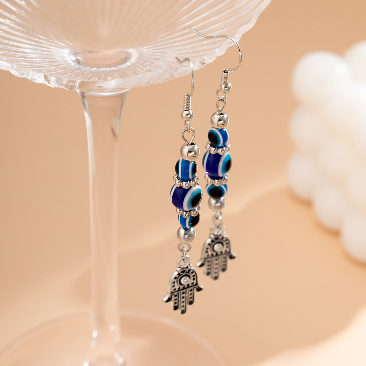 Schmuck im ethnischen Stil Buddha Hand Anhänger lange einfache Perlen Böser Blick Ohrringe_voghion.com