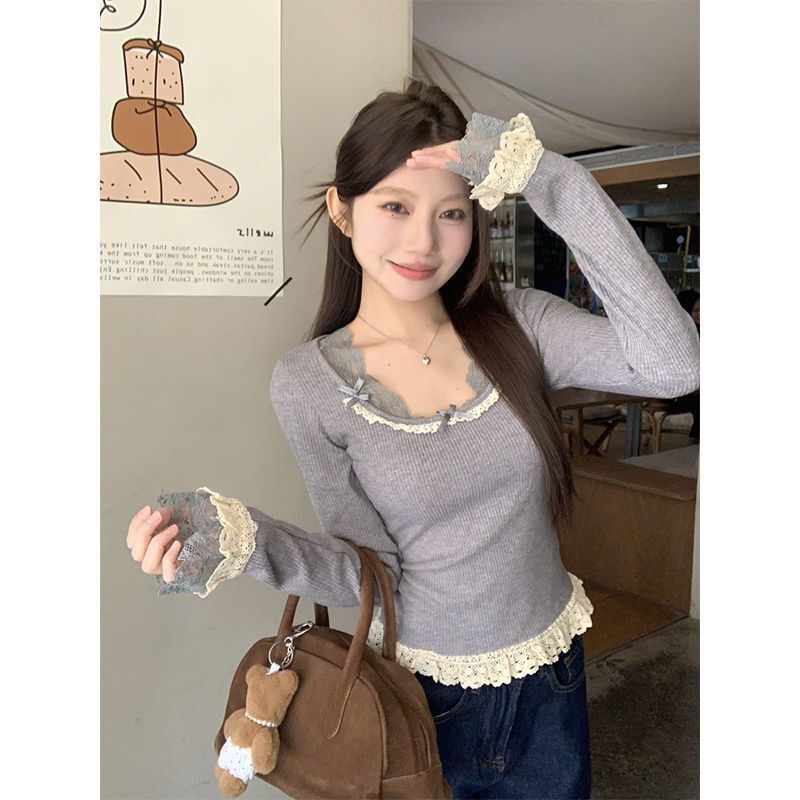 Pure Desire Style Lace Slim Fit Fake Two-Piece T-Shirt for Women, Long-Sleeved, Spring and Autumn 2026 New Style, Bowknot Base Layer Top