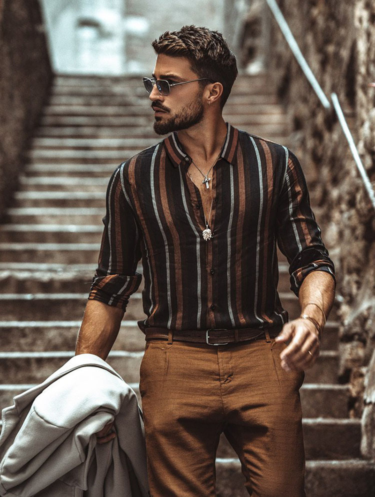 2023 printemps chemises hommes rayures verticales chemises mince hommes revers décontracté à manches longues Chemise Homme Chemise Homme Chemise de smoking_voghion.com