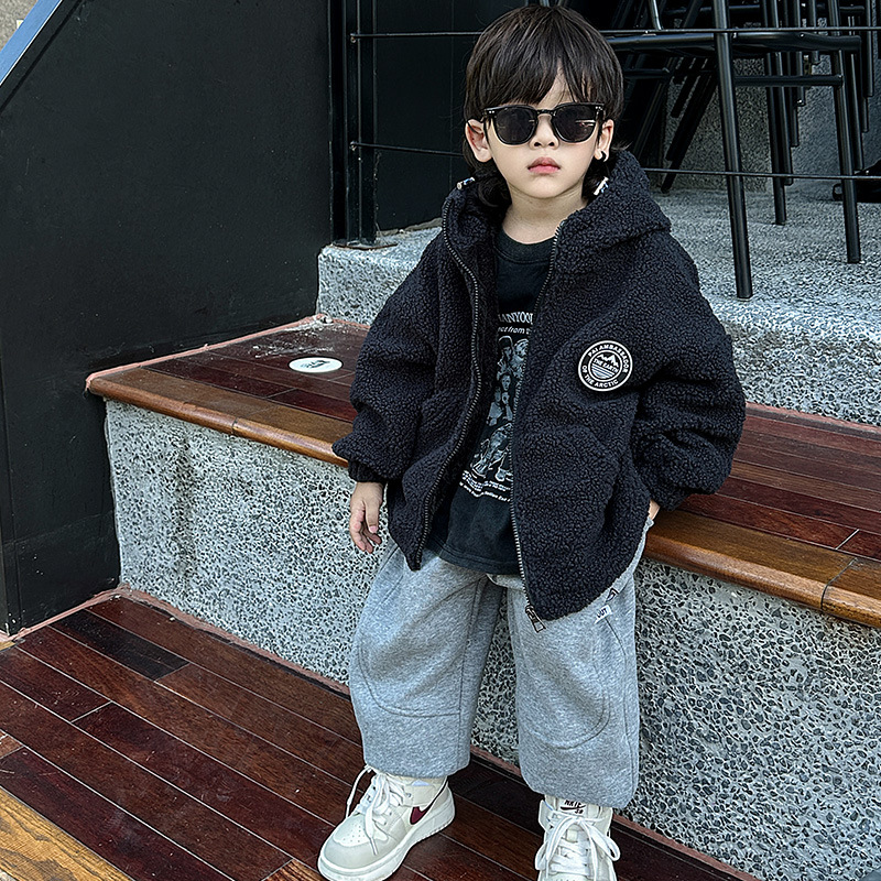 男童加绒外套早冬颗粒绒连帽痞帅男小童初冬儿童韩版摇粒绒秋冬款