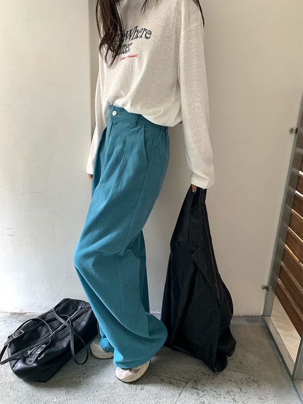 广州黄峥韩系湖蓝色裤子复古高腰显瘦灯芯绒直筒宽松休闲裤530806|undefined