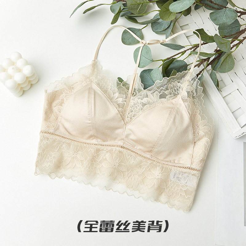 Douyin과 같은 스타일의 레이스 새틴 프렌치 뷰티 백 브라, 쇼트 스타일, 다용도 가슴 감싸는 백리스 뷰티 백 브라