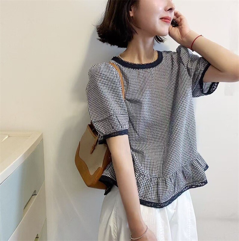 Lace Patchwork Puff Sleeve Plaid Shirt for Women, Short Sleeve Summer 2026 New Stylish Blouse, Loose Fit, Flattering Top Lace Patchwork Puff Sleeve Plaid Shirt for Women, Short Sleeve Summer 2026 New Stylish Blouse, Loose Fit, Flattering Top