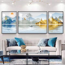 新中式客厅装饰画镶钻晶瓷山水画风水靠山招财大气抽象沙发背景画