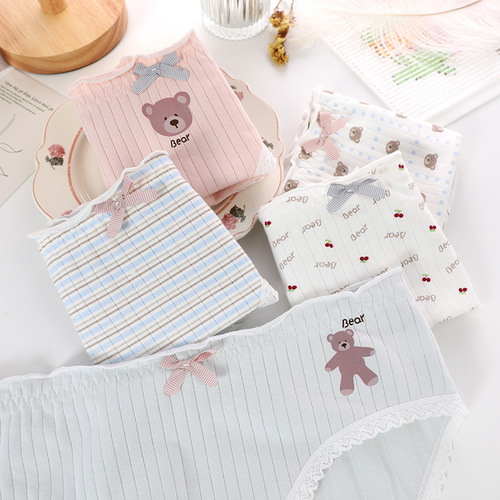 Ribbed cotton women's underwear cute bear print girls breathable underwear girls mid-waist hip briefs