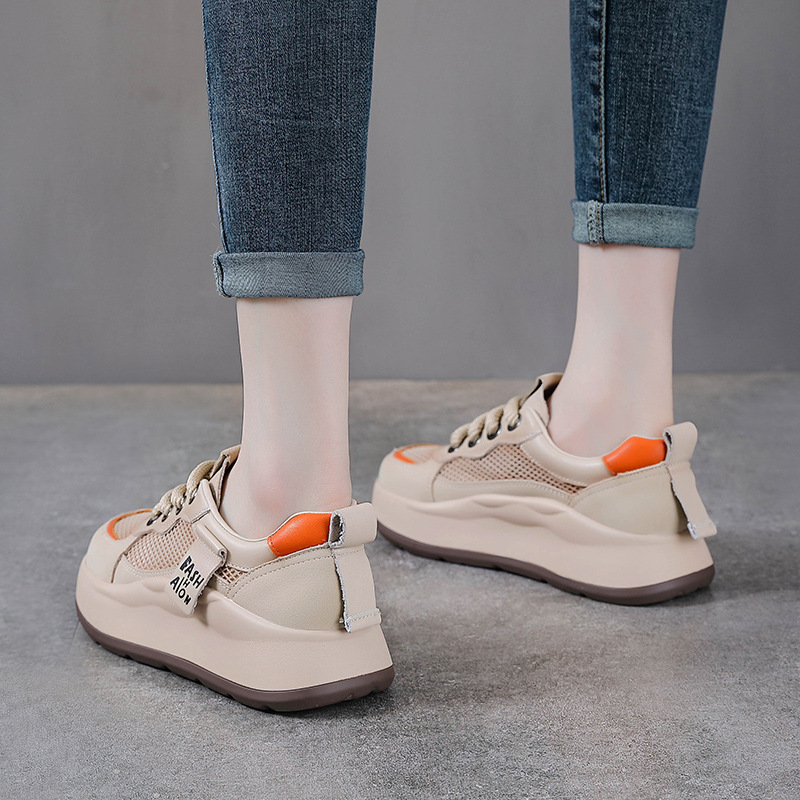 Giày sneaker nữ đế dày da bò lưới thoáng khí phong cách thể thao — Màu be