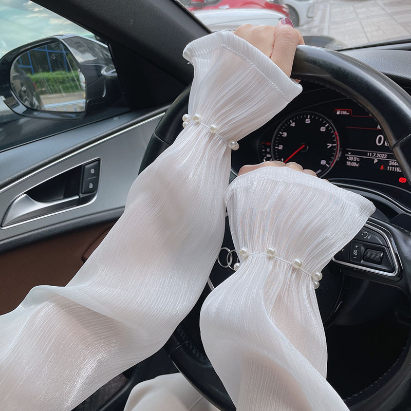 新款設計波浪冰絲防曬袖套OL優雅輕熟女珍珠冰袖開車護袖夏