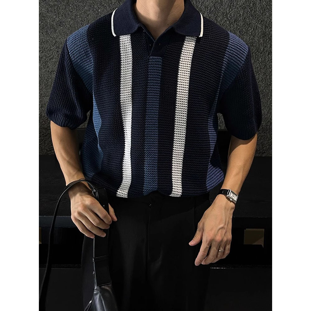 POLO camisa solapa suéter de manga corta hombres rayas huecas negocios británicos verano hielo seda marea comercio exterior transfronterizo al por mayor