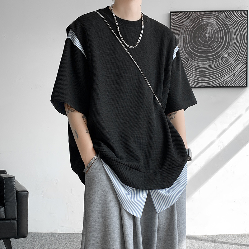 Cross-border waffle T-shirt men's summer niche design feels like two short-sleeved top American fashion loose half sleeve