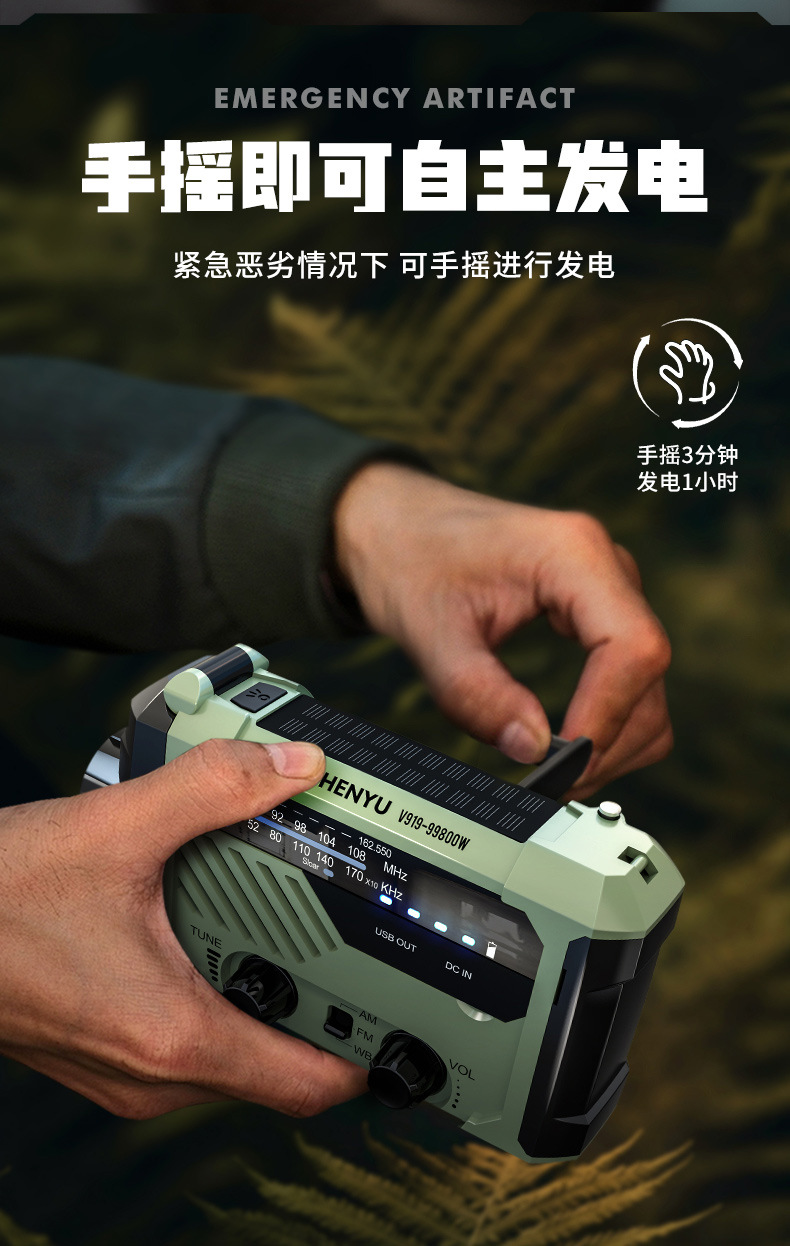 Disaster Prevention Hand-Cranked Radio, Radio Disaster Preparedness Equipment, Solar-Powered Rechargeable Flashlight Xln-290 Strong Light