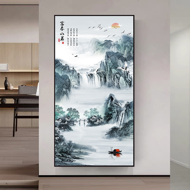 玄关装饰画墙纸贴画新中式入户客厅走廊过道竖版进门山水画自粘壁|undefined