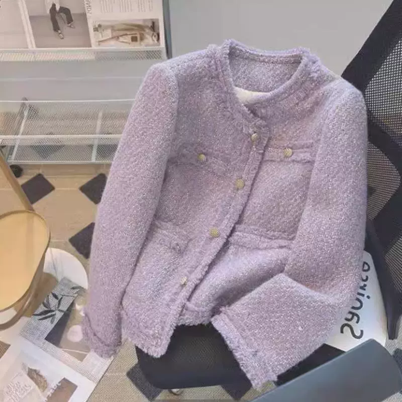 Модный в этом году красивый фиолетовый жакет в стиле Шанель, новый корейский драматический наряд на весну и осень, элегантный твидовый топ для светских львиц.