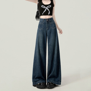 Dark Blue Wide-Leg Jeans for Women Early Autumn Thin 2025 New Loose Draped Floor-Length Straight Pants Spring & Fall Style