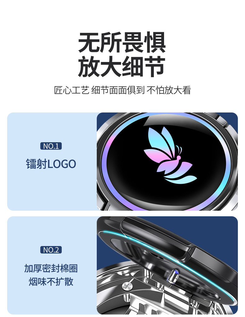 Car Ashtray with Anti-Ash Fly Feature, High Aesthetic Value, Ceramic Inner Liner, Flip-Top with Light, Small Size with Lid