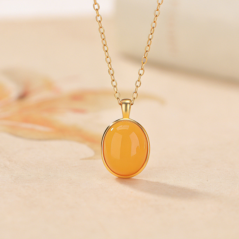 Mặt dây chuyền bạc S925 mạ vàng hình oval đính đá mã não đỏ phong cách tối giản — Mã não đỏ (mặt dây chuyền đơn)