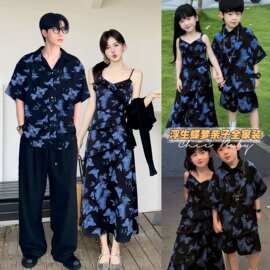 亲子装2026夏季蝴蝶度假一家三口四口短袖母女连衣裙家装图片色