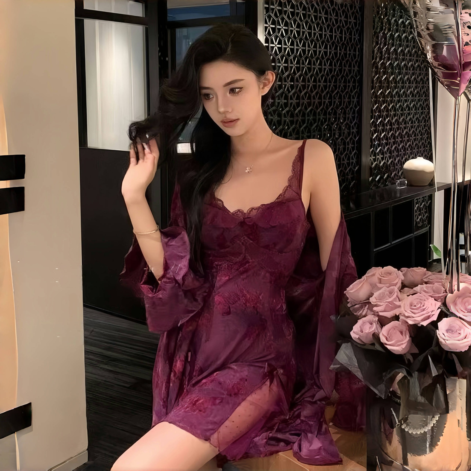 Purple Floral Deep V-strap Nightgown, Plus Size Sexy Lingerie With Sexy Lace Design, Outlining Curves For A More Charming Look-L_voghion.com