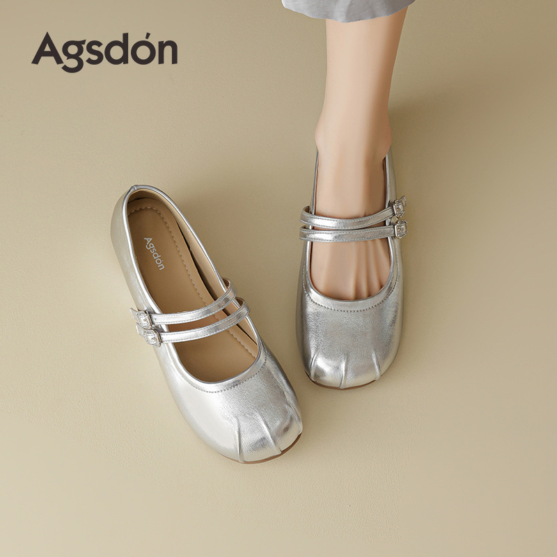 Zapatos Mary Jane Augusden para mujer, estilo verano 2026, zapatos planos estilo ballet para usar con faldas, zapatos de cuero plateados