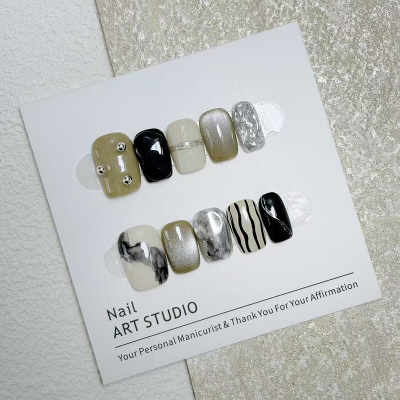【Cold Tea】High-End Design, Simple and Stylish, Everyday Versatile, Pure Handmade Wearable Nails, Short Square Manicure