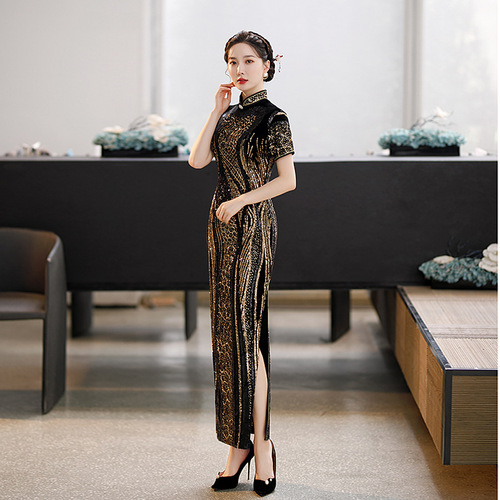 Gold with black velvet sequined Chinese dresses qipao for women cheongsam Short-sleeved singers host miss etiquette model show performance cheongsam