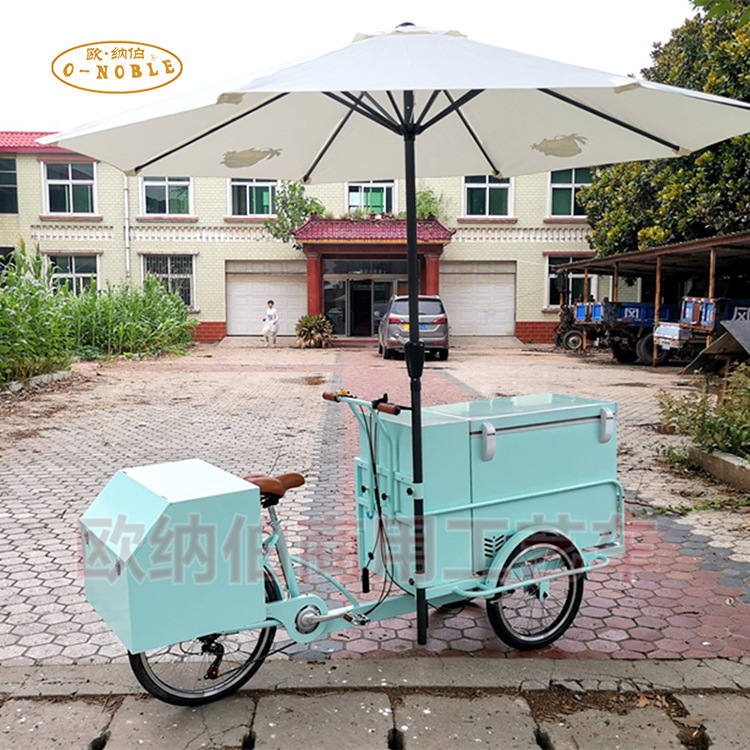 Onabo Commercial Ice Cream Bicycle Mobile Stall Cold Drink Take-out Car with Refrigerator Electric Reverse Tricycle