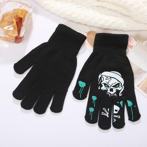 Adult Knitted Glue-Dot Gloves, Screen-Printed Wool Warm Finger-Separated Gloves, Winter-Season Printed Cartoon Five-Finger Gloves