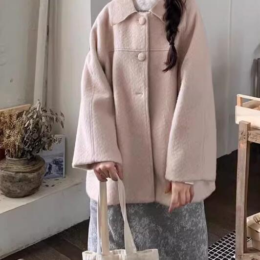 College Style Sweet Splicing Lapel Woolen Jacket Autumn and Winter Versatile Loose Slimming French Retro Jacket Coat for Women