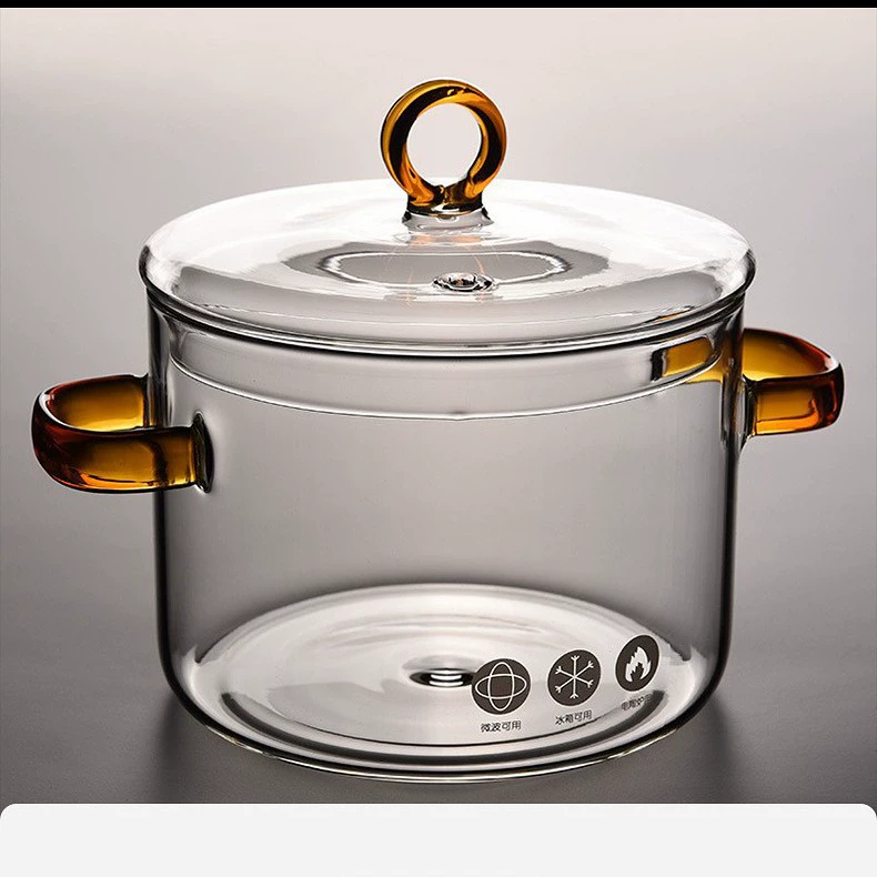 Стеклянная кастрюля для супа 1500 мл, термостойкое стекло Borosilicate с прозрачной крышкой и ручками, безопасными для плиты