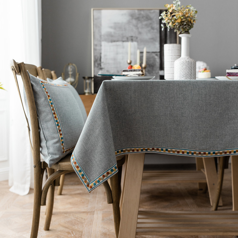 Scandinavian Pure Color Fabric Thickeneded Spun Cotton and Linen Embroidered Tablecloth Rectangular Coffee Table Dining Table Accessible Luxury High-End Tablecloth
