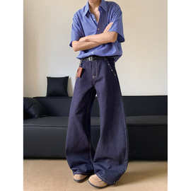 定制牛仔裤阔腿原色弯刀男美式深蓝色cleanfit水洗垂感直筒休闲裤