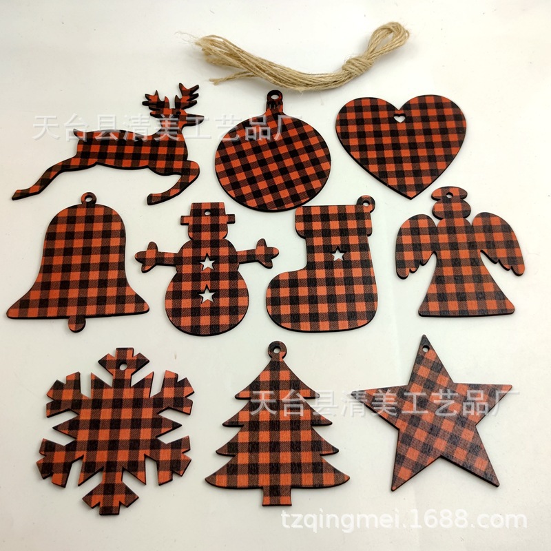 33 piezas de madera de la serie navideña a cuadros negros anaranjados colgante de decoración navideña se pueden combinar libremente 10 piezas en un paquete