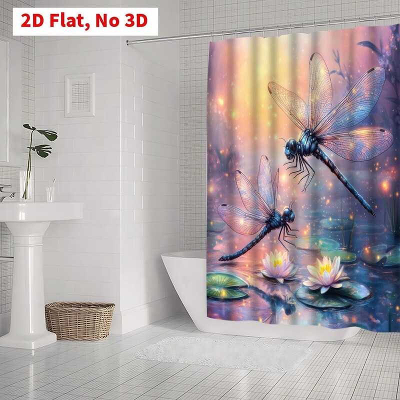 Lifesmells Four-Piece Dragonfly Pattern Shower Curtain Set, Soft-Toned Bathroom Accessories, Durable and Non-Slip