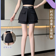 黑色西装裙裤女2025新款设计感高腰显瘦休闲阔腿工装A字短裤A9016