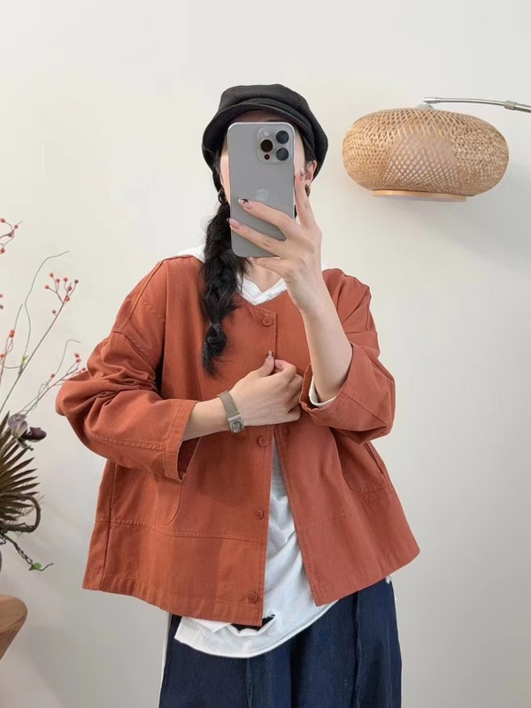 古咖服饰秋季新款棉质纯色外套女圆领单排扣休闲长袖外搭开衫上衣|undefined