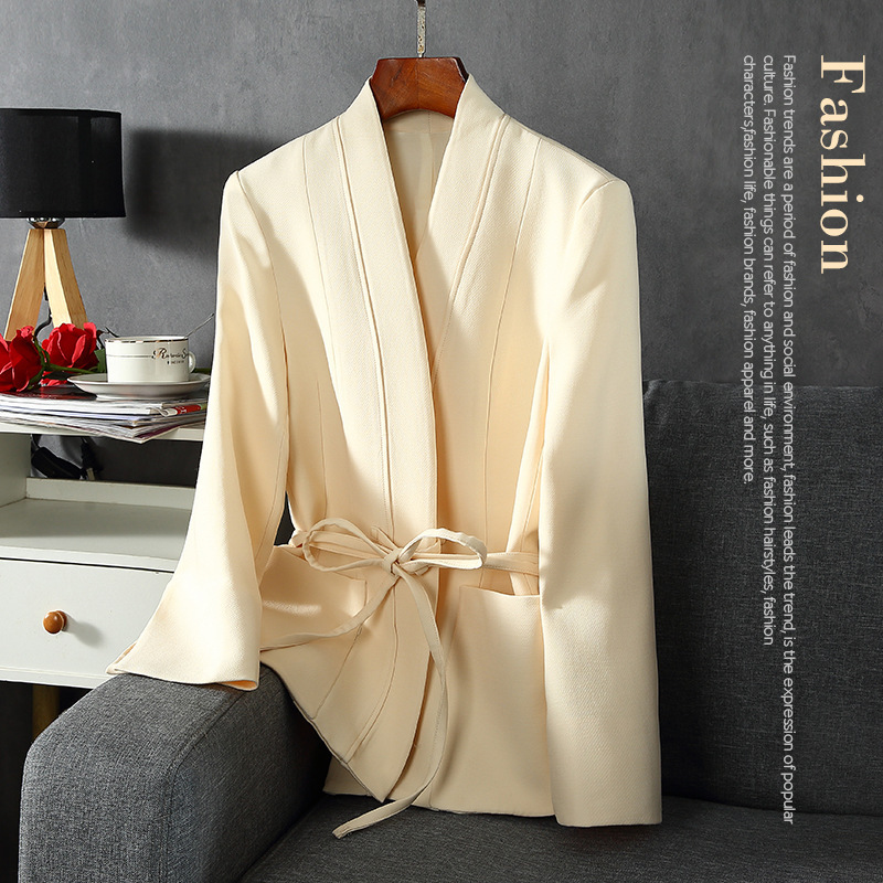 2021 Early Autumn New Elegant Silk Wool V-neck Waist Band Tight Waist Slimming Solid Color Casual Suit Jacket for Women 2021 Early Autumn New Elegant Silk Wool V-neck Waist Band Tight Waist Slimming Solid Color Casual Suit Jacket for Women