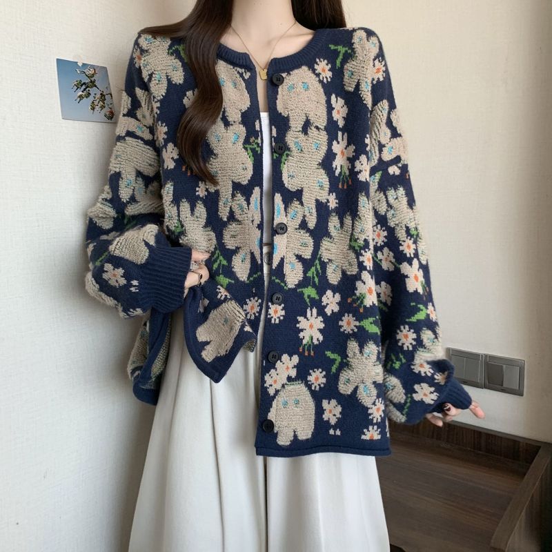 大码女装胖mm春秋新款2025开衫长袖花朵毛衣时尚宽松款毛衣针织衫|undefined