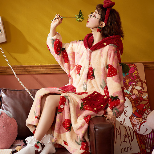 Ladies Flannel Robe for Autumn/Winter with Thick Open Vest Hooded Long Robe Cute Strawberry Outerwear Wholesale