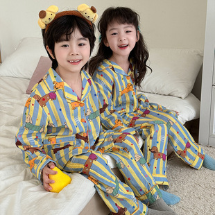 Autumn Thin Pure Cotton Double-layer Cotton Yarn Long-sleeved Pajamas for Boys and Girls suit Outfit Cartoon Dachshund Home Clothes
