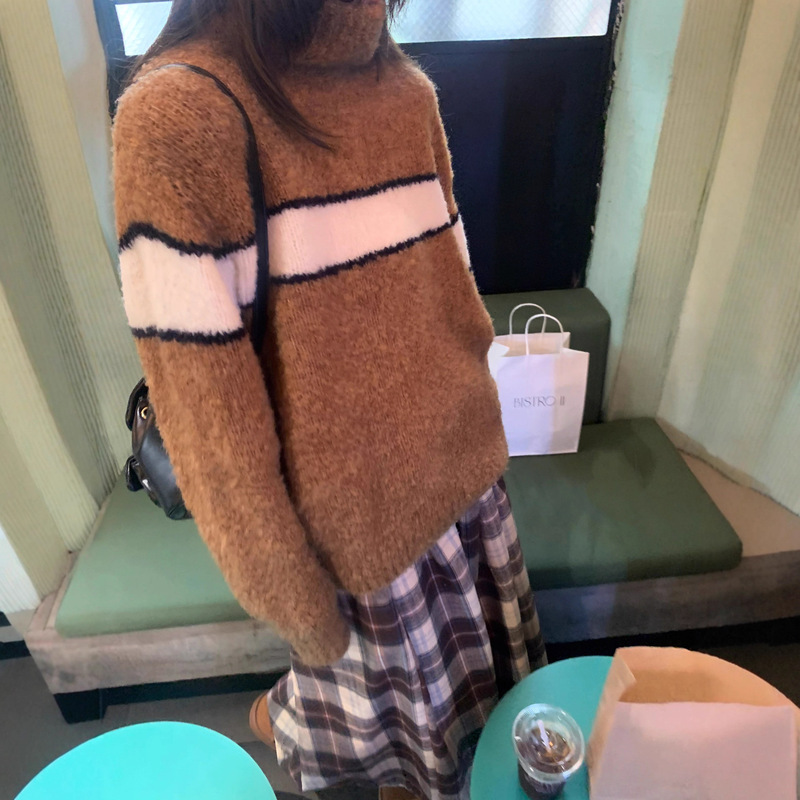 美式复古慵懒风撞色针织毛衣女2025秋冬季新款宽松显瘦针织衫上衣|undefined