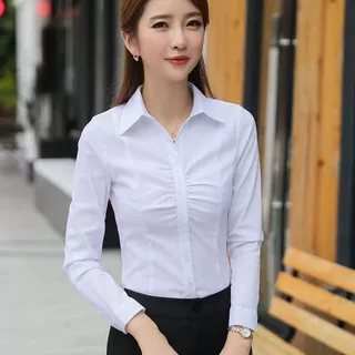 设计感褶皱白衬衫女长袖修身显瘦职业通勤正装韩版翻领工装衬衣