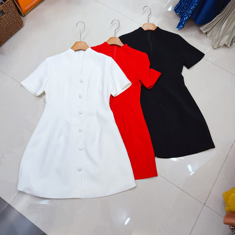 Thirteen Lines Australian Niche Chinese-Style Stand-Collar Fashionable and Elegant Cardigan-Style Buttoned Waist-Cinching Short-Sleeve Dress A1 # 1970