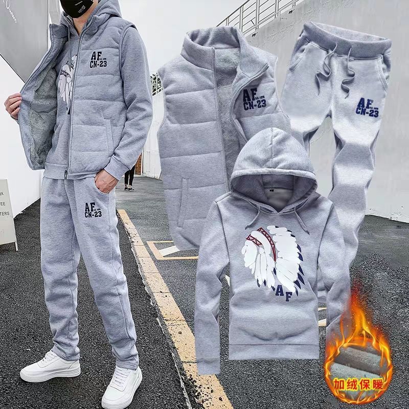 冬季运动套装男加绒加厚青年韩版修身连帽卫衣开衫套装现货普通棉