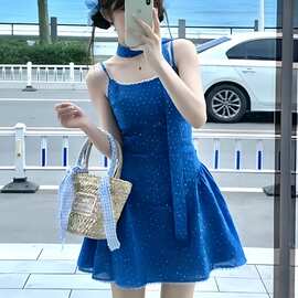 温柔风超好看收腰显瘦围脖吊带连衣裙小个子漂亮蓬蓬小裙子女