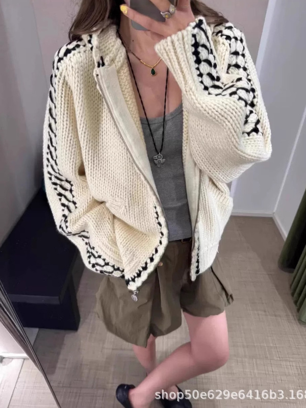 2025秋冬新款openyy设计粗针手工钩花拼接连帽羊毛毛衣针织外套女|undefined