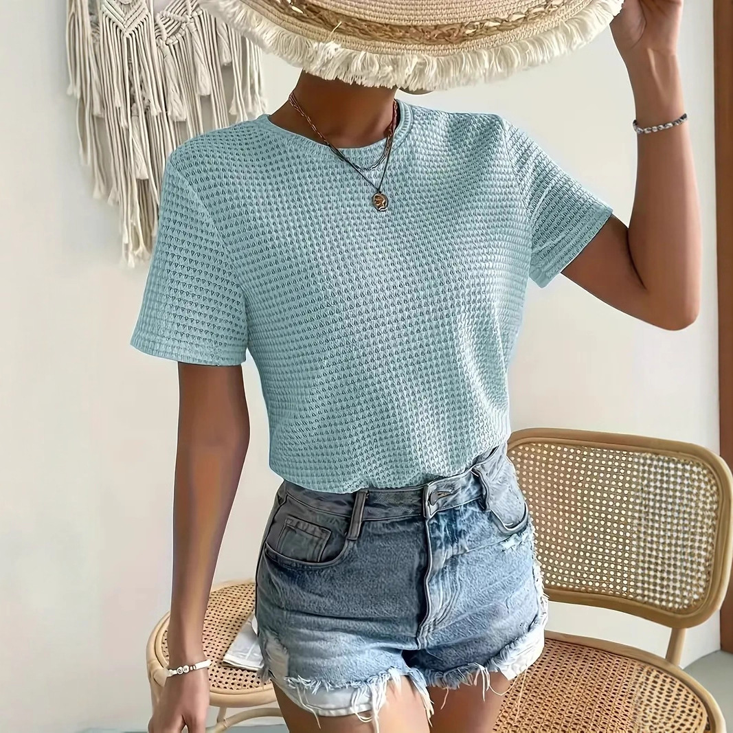 新款夏季女装T恤欧美跨境外贸圆领时尚纯色华夫格纯色休闲上衣女