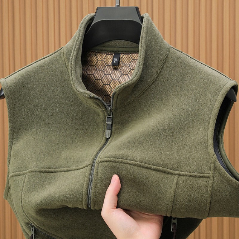 2025 Autumn/Winter Men's Stand Collar Zipper Fleece Vest Youthful Side Seam Pocket Sleeveless Men's Top